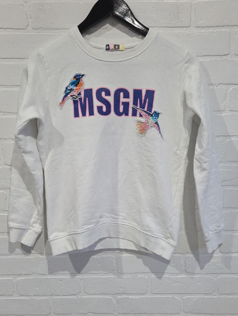 MSGM White Crewneck with Pink-Outlined Logo and Multicolor Bird Embroidery